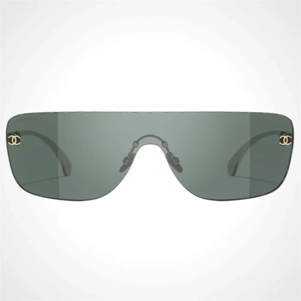 New CHANEL Sunglasses Gold Metal Rimless Shield Mask Green Lens CC Logo - Picture 2 of 5